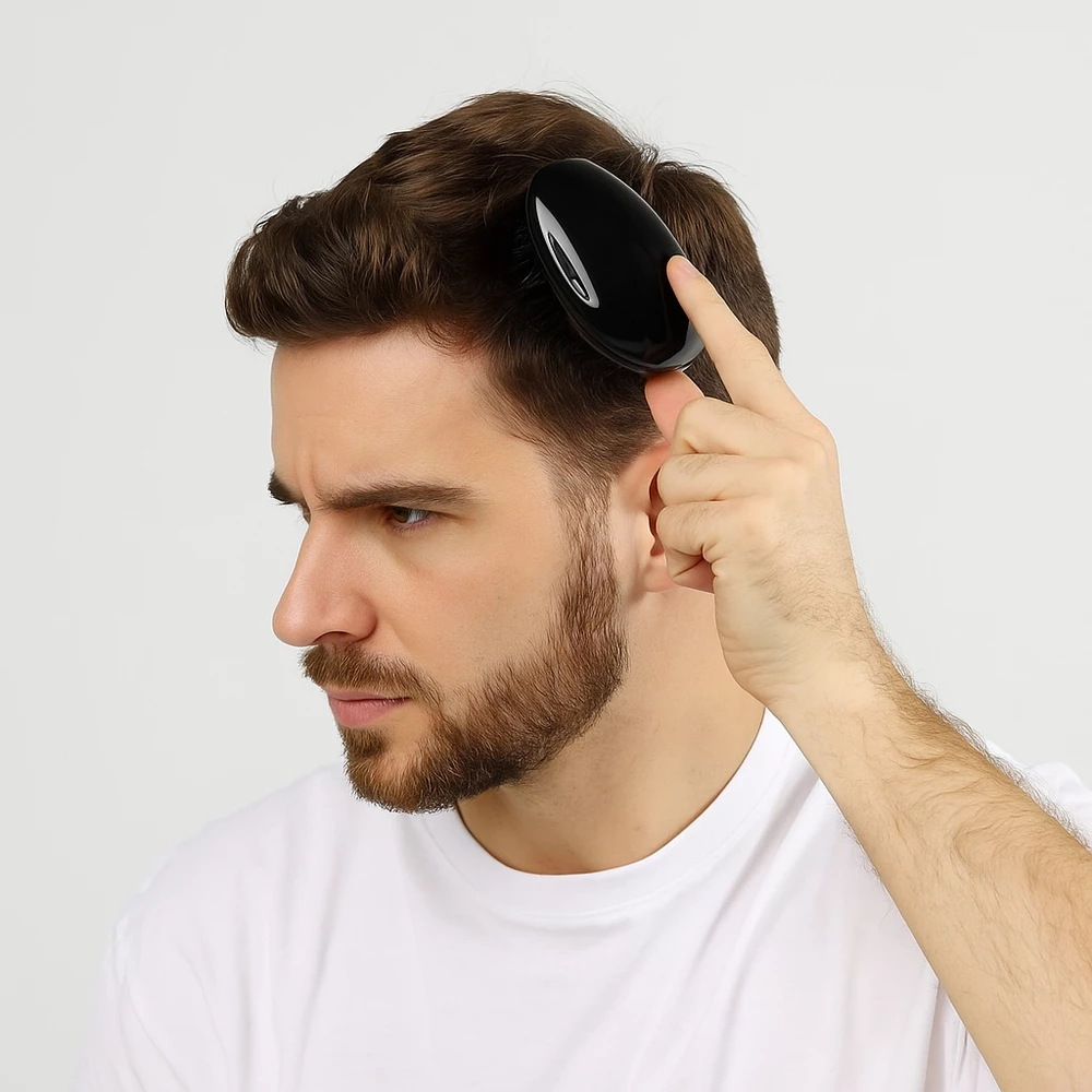 Mini Escova Ovo Portátil Cor Preto – Desembaraçante para Cabelos e Barba | Cerdas Macias | Viagem e Dia a Dia | Unissex