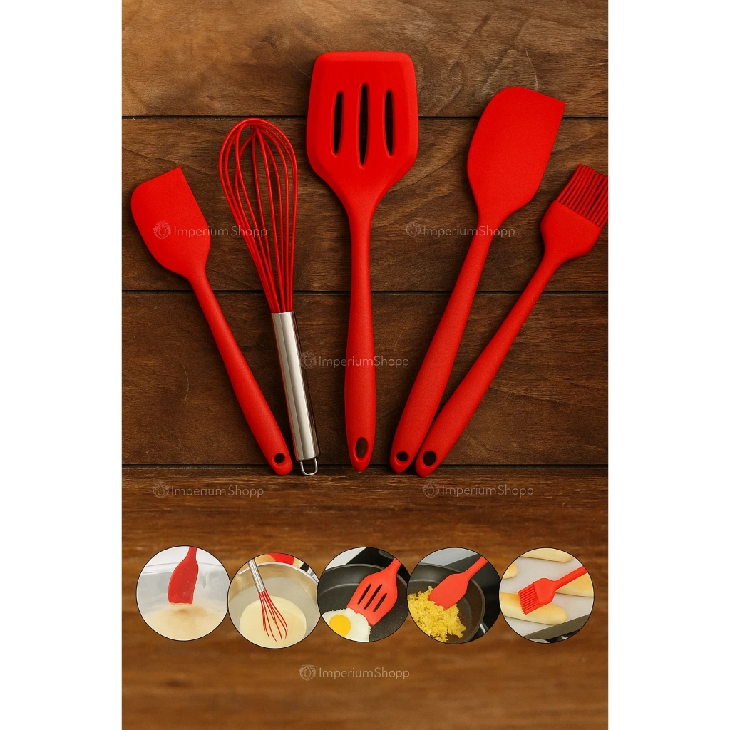Kit Utensílios Cozinha Silicone 5 Peças Resistentes ao Calor Ideais para Panelas Antiaderentes