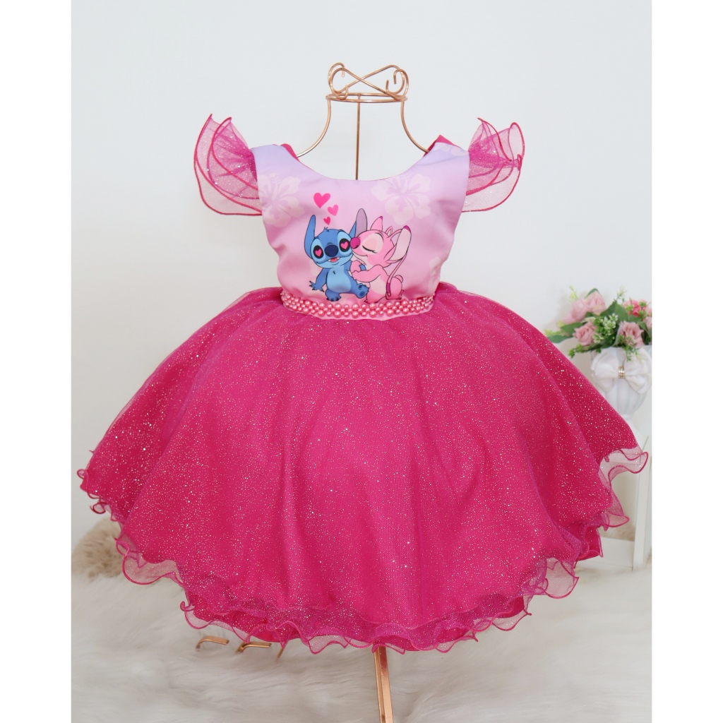Vestido Stitch e Angel Lilo Apaixonado Rosa Pink Brilho Festa Aniversário Temático 1 ao 12 anos em Oferta na Shopee