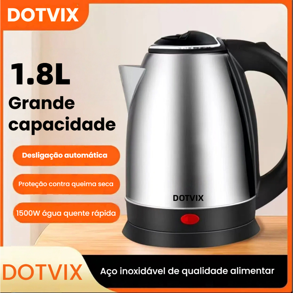 Chaleira Elétrica de Aço Inox/de vidro, 1.8L,127V/220V, Ferve Água Rápido com Tampa e luz