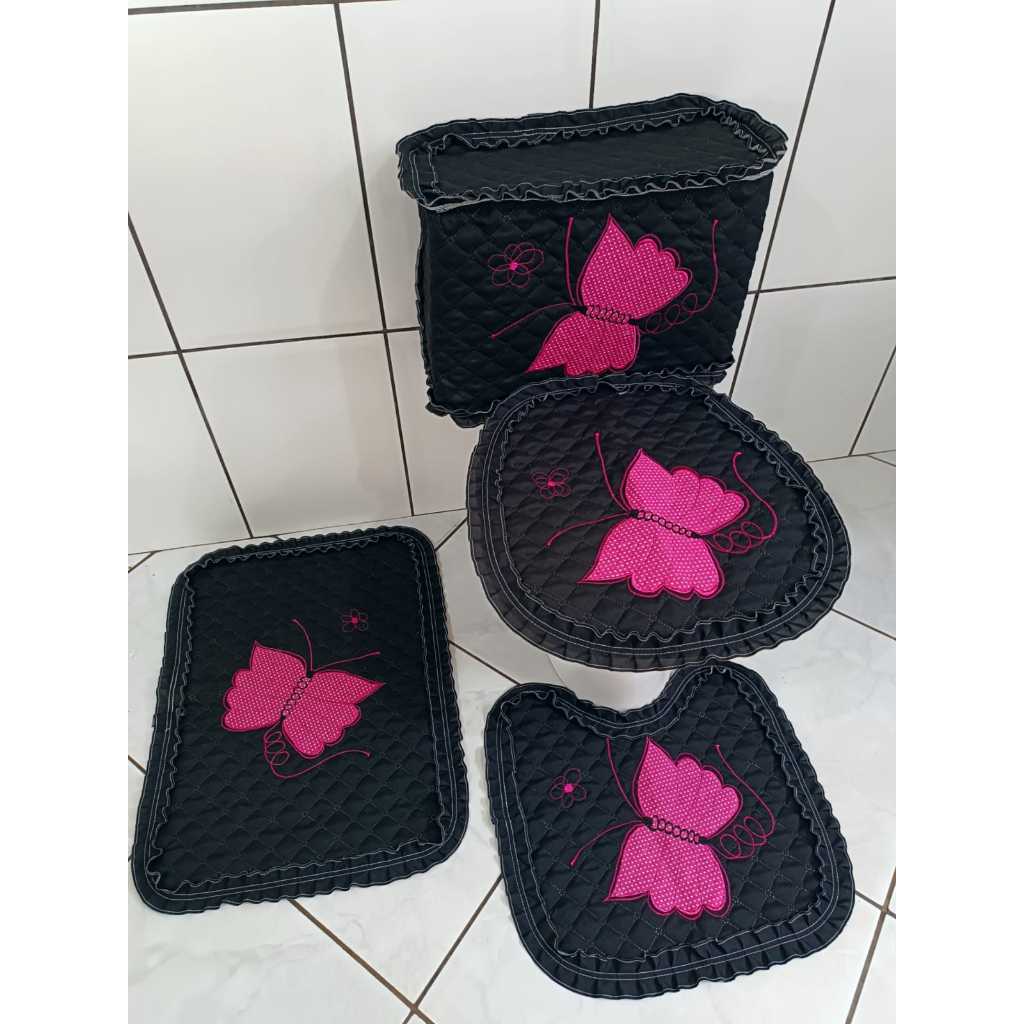 Jogo de banheiro de borboleta kit tapetes com 4 peças tecido metalace capa para caixa acoplada