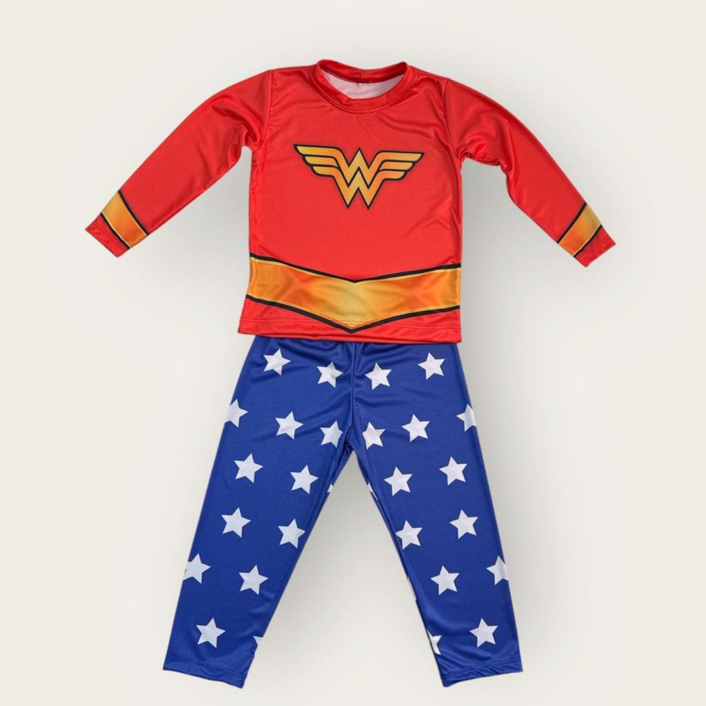 Pijama Infantil Mulher Maravilha Fantasia Temática Mulher Maravilha Conjunto Camiseta Calça Infantil Feminino Heróis Men