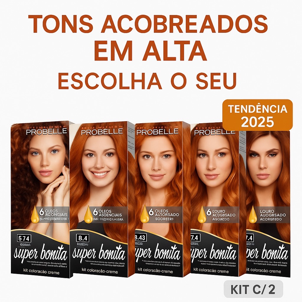 Kit c/ 2 Tintas Probelle Super Bonita Tons Acobreado Coloraçâo Creme 50g