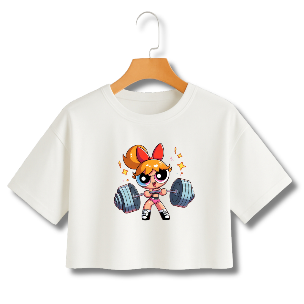 BLUSA CROPPED MENINAS SUPER PODEROSAS FLORZINHA ACADEMIA LANÇAMENTO PROMOÇÃO