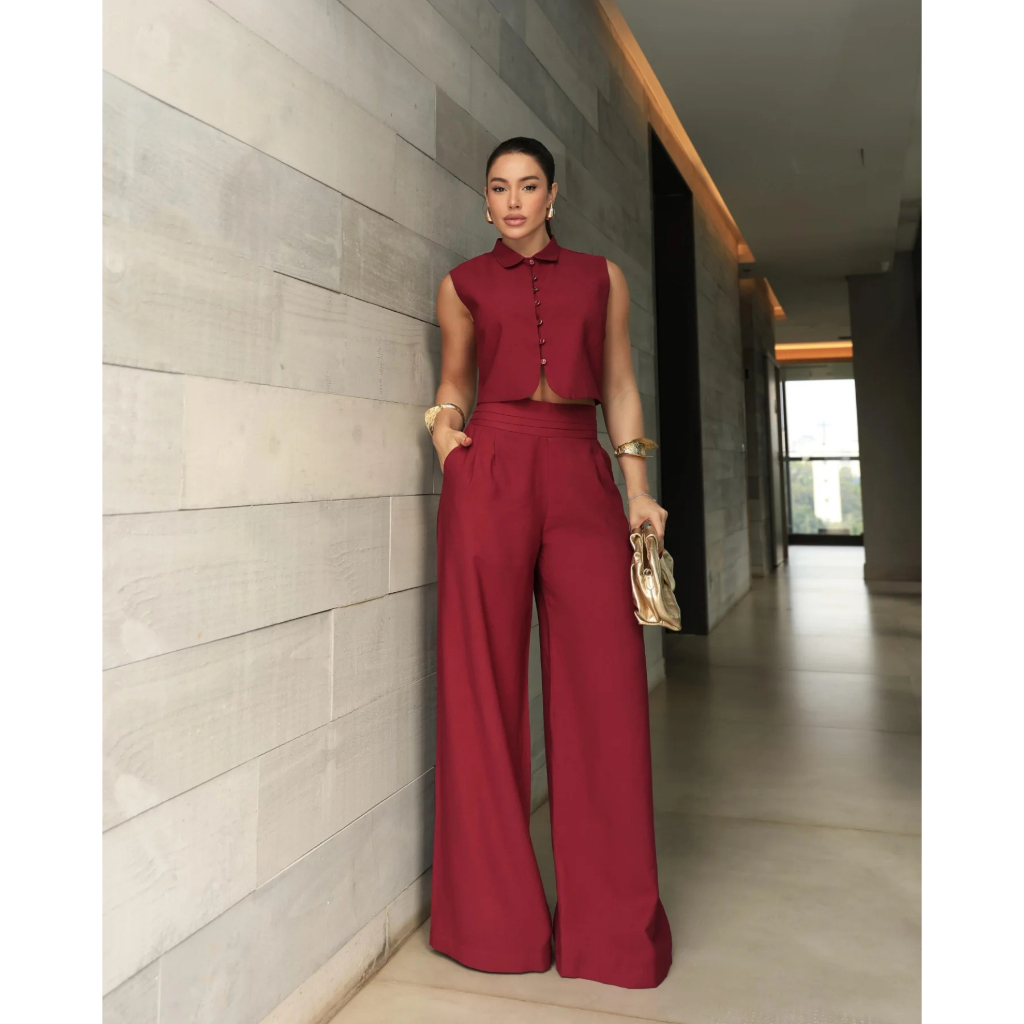 YAN FASHION Conjunto Alfaiataria Feminina Colete Sem Manga e Calça  Pantalona Elegante em Oferta na Shopee