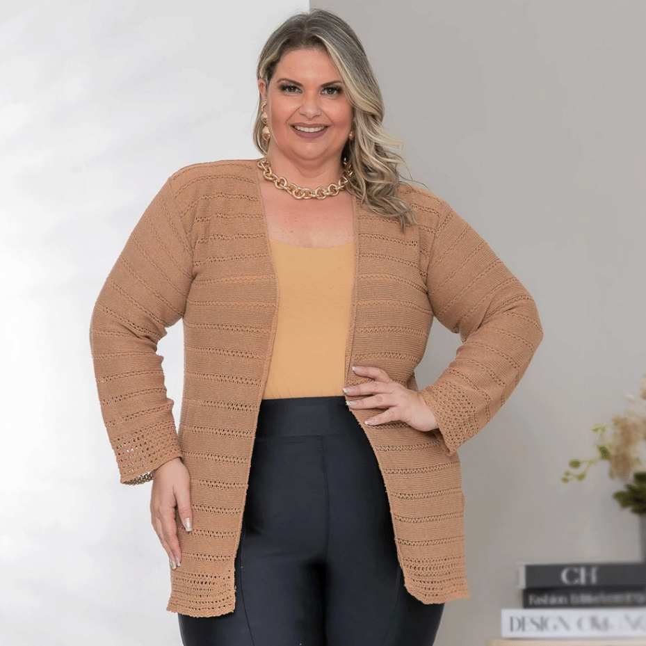 Cardigan Tricot Plus Size Feminino Blusa de Frio Meia Estação Tamanho Grande