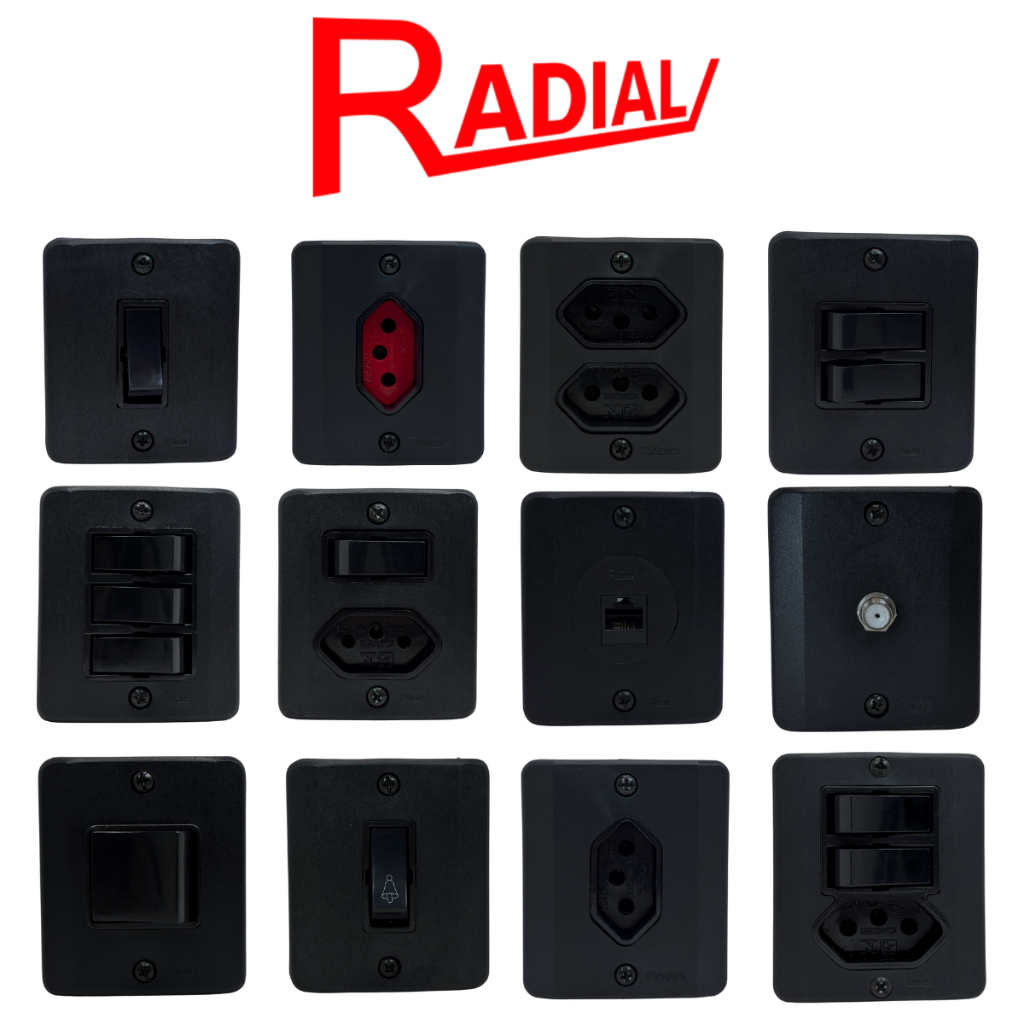 Radial Linha R Black Sobrepor Tomada Interruptor 4x2 10A/20A Tomadas Simples 10A Tomada 20A Tomada com Tecla Caixilho