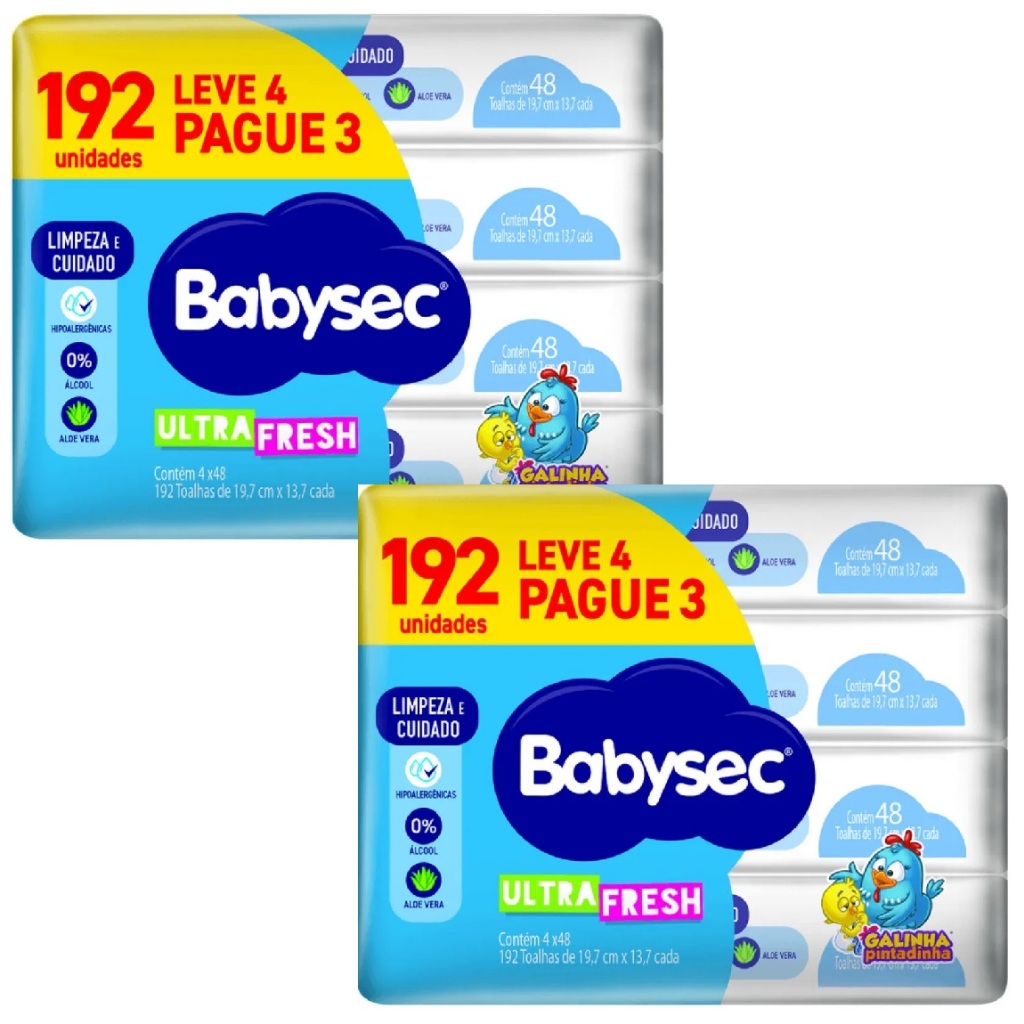 Kit 8ptes Toalhas Umedecidas Babysec Ultra Fresh 48un cada -Total 384un - Galinha Pintadinha EQ.1