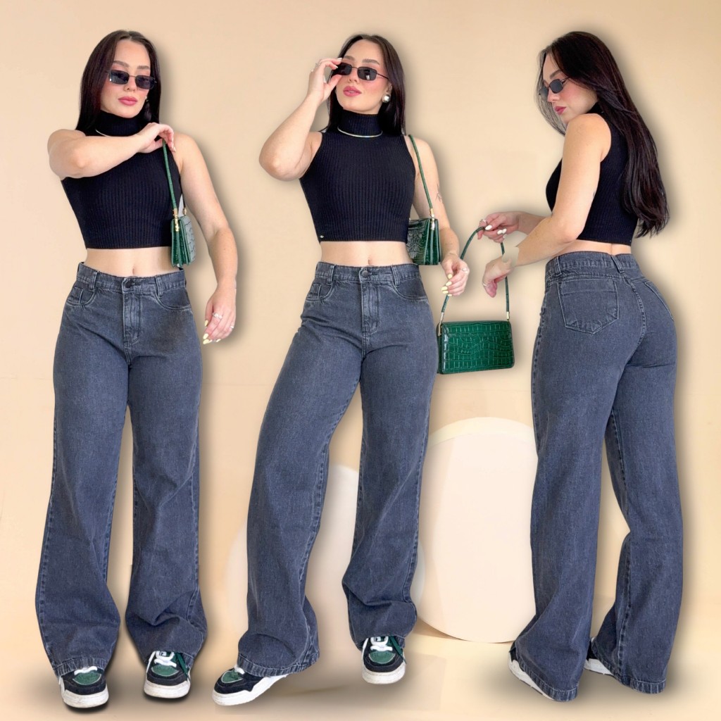 Calça Jeans Wide Leg Preta Chumbo Marmorizada 34 ao 46 Cintura Alta Levanta Bumbum Cargo Pantalona