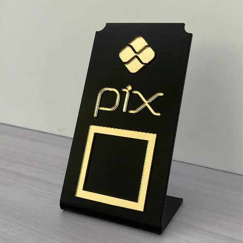 Placa Pix Mesa Balcão com Base Elegante – QR Code em Acrílico Espelhado (Várias Cores)