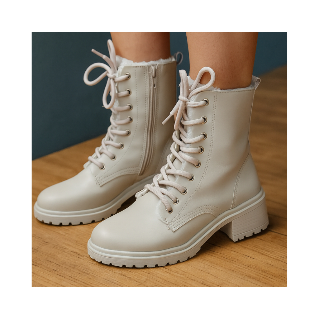 Coturno Bota feminino cano médio forro peluciado zíper lateral sola tratorada conforto inverno couro