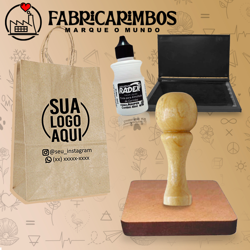 Carimbo Personalizado com Carimbeira e Tinta - para Sacola Kraft / Tecido / Plástico Com Sua Logo