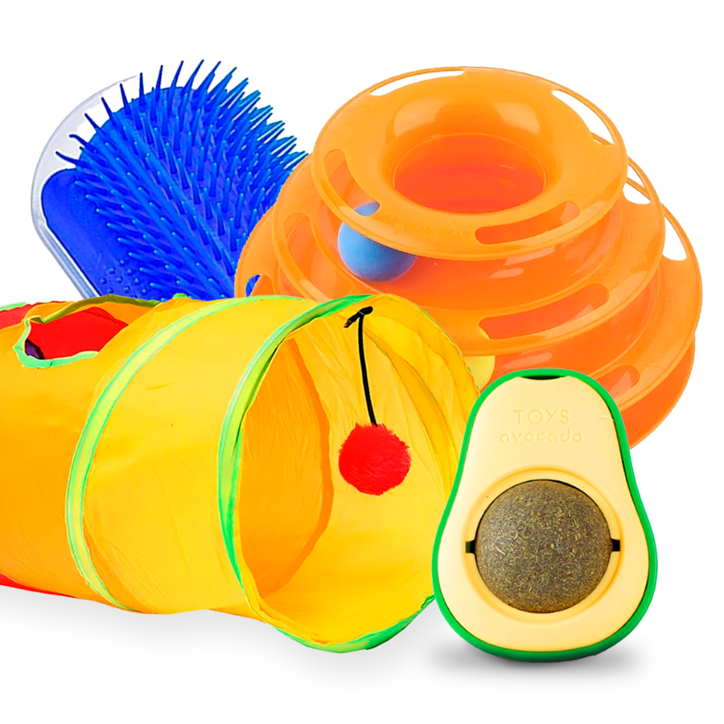 Kit Com 4 Brinquedos Para Gato 01 Torre De Bolinhas + 01 Túnel Reto + 01 Escova de Canto + 01 Catnip