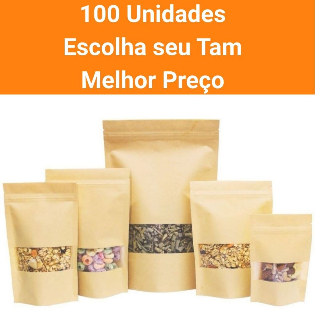 100 Un Saco Papel Kraft Fosco Stand Up Pouch C/ Visor Zip lock Hermético - Escolha Seu Tamanho em Oferta na Shopee