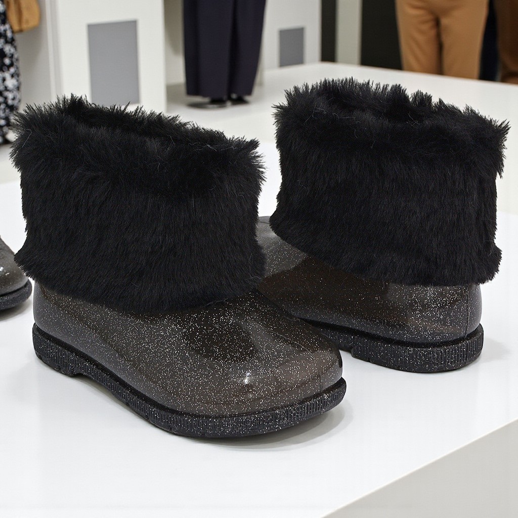 Bota galocha infantil feminina menina glitter com pelinho fofo cano baixo lançamento