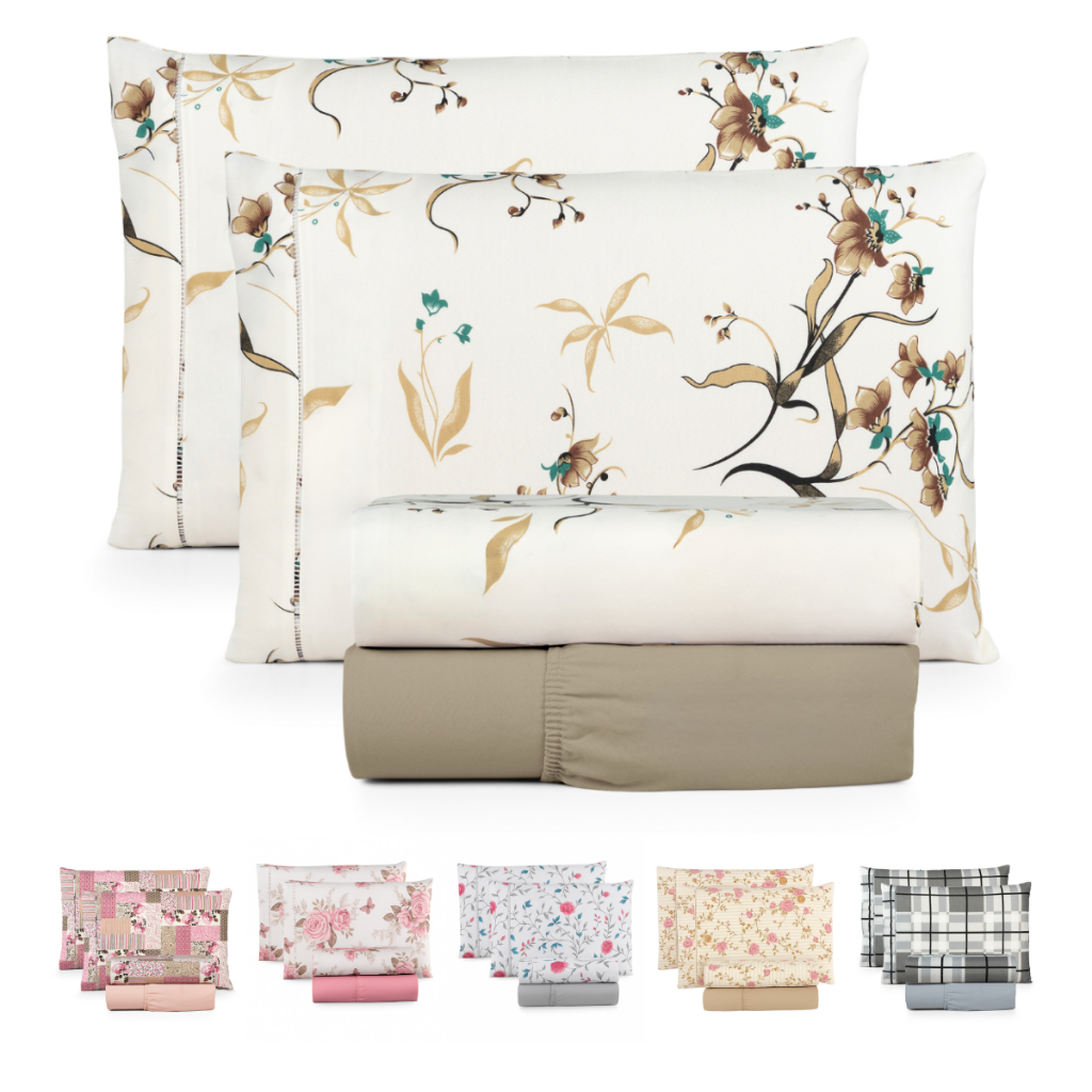 Jogo de lençol 4 Peças 100% Algodão Percal 180 fios Ponto Palito Estampado Solteiro Casal Queen King