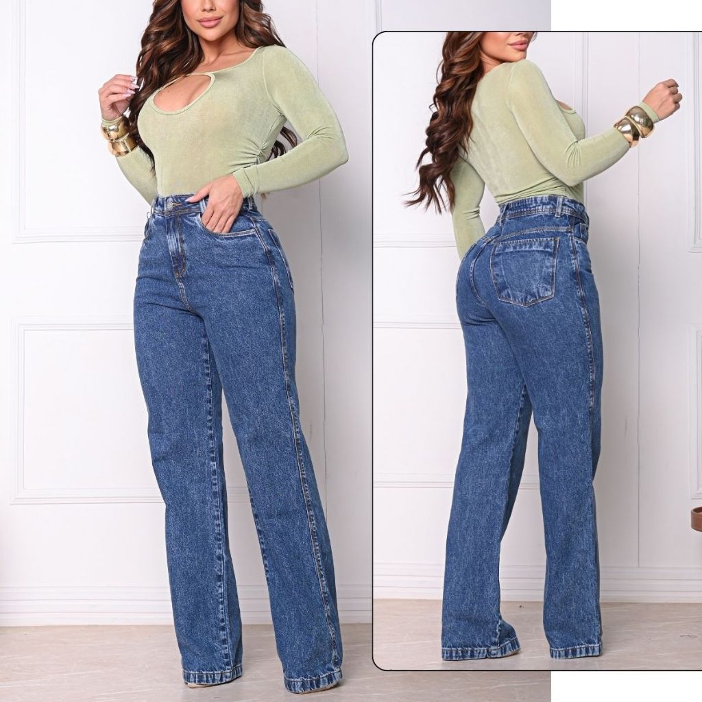 Calça Wide Leg Jeans Feminina Pantalona Cintura Alta Moda Blogueira Marmorizada Escura e Clara