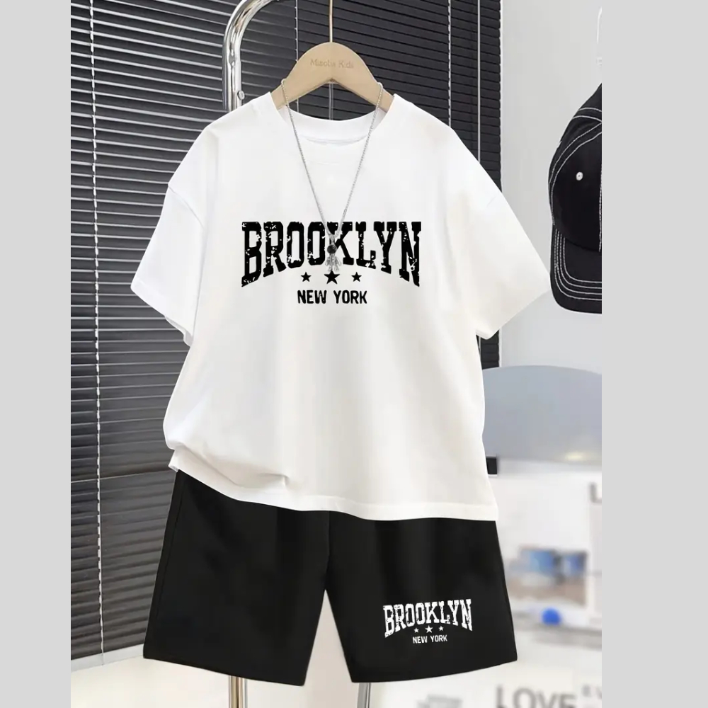 Conjunto Infantil Masculino Estampa Brooklyn Estrelas 370 Modinha Short Camiseta Blusa Menino Brinca