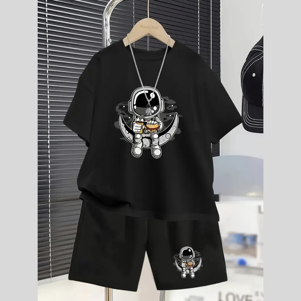 Conjunto Infantil Masculino Estampa Astronauta Lanche 369 Camiseta + Short de Moletinho Menino