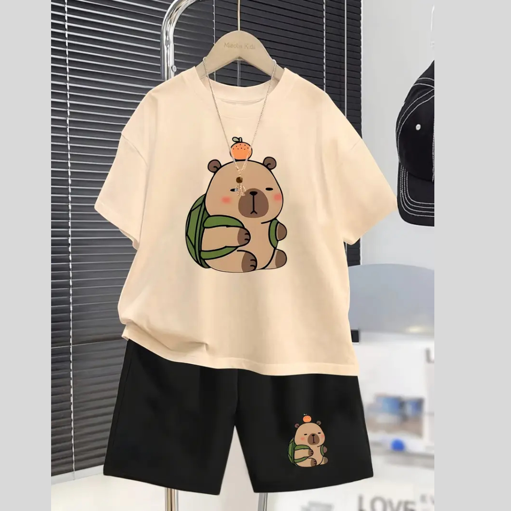Conjunto Masculino Infantil Estampa Capivara Laranja 372 Moda Adolescente Lindo Kit Camiseta Short