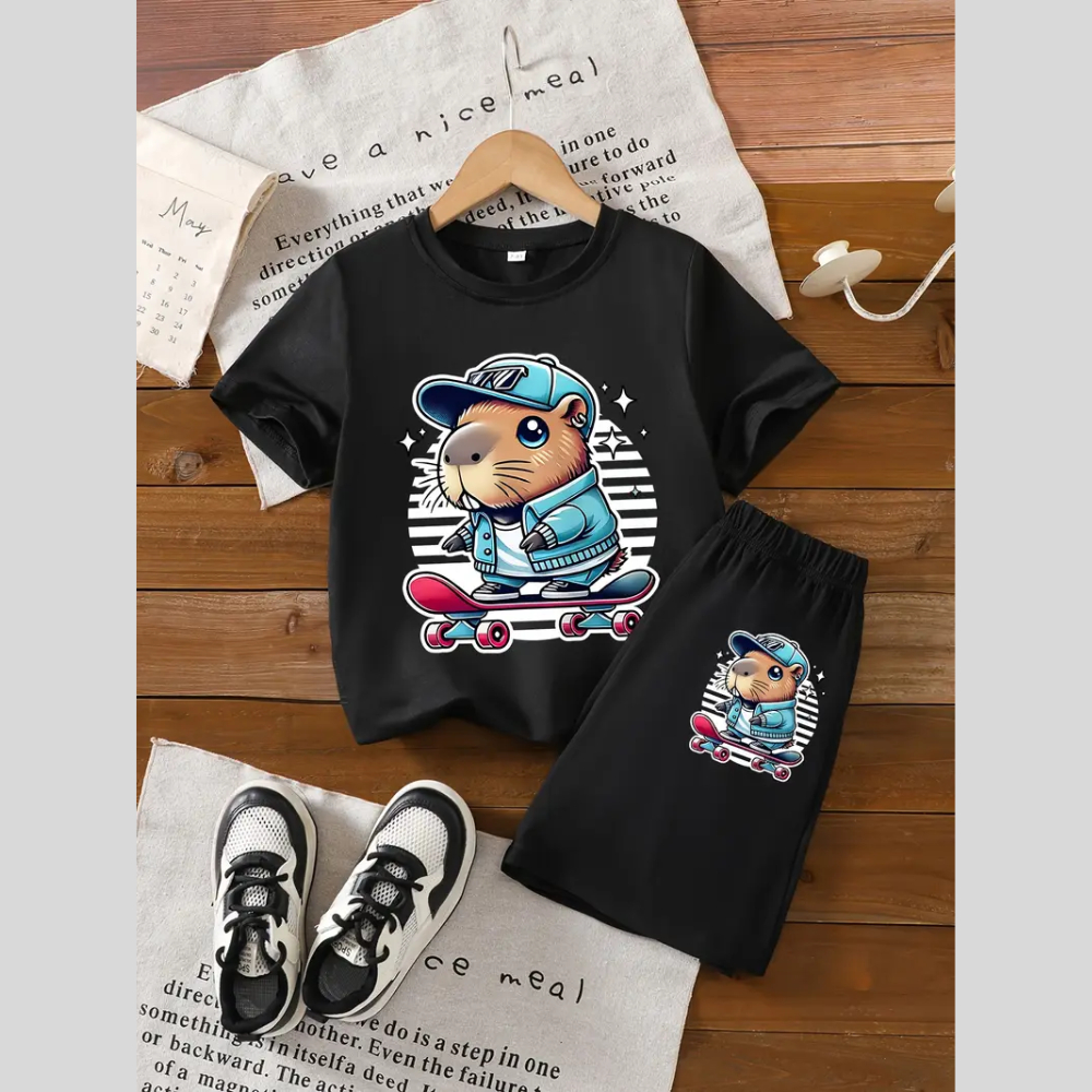 Conjunto Infantil Masculino Estampa Capivara Skate 373 Adolescente Passeio Escola Creche Estiloso