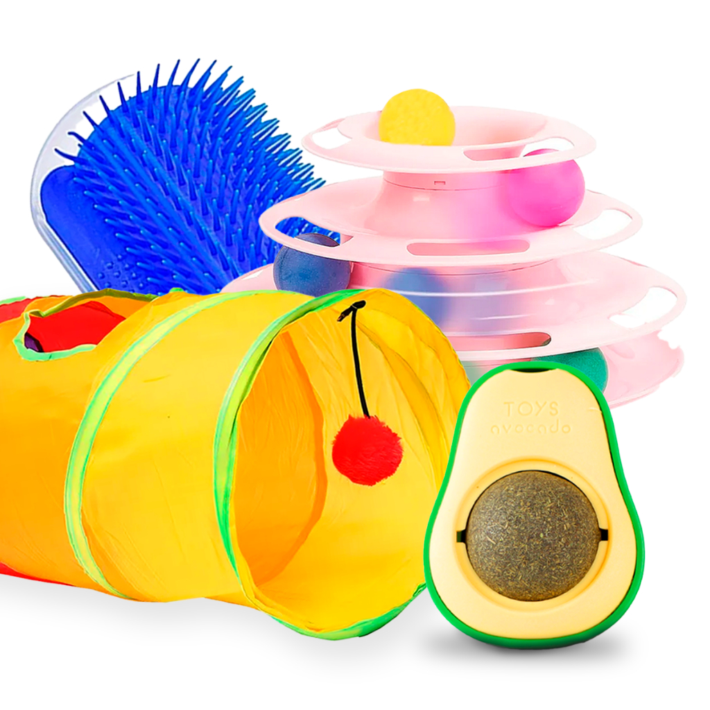 Kit Gato 4 Peças – Túnel Interativo, Abacate com Catnip, Escova Massageadora e Torre de Bolinhas Pet