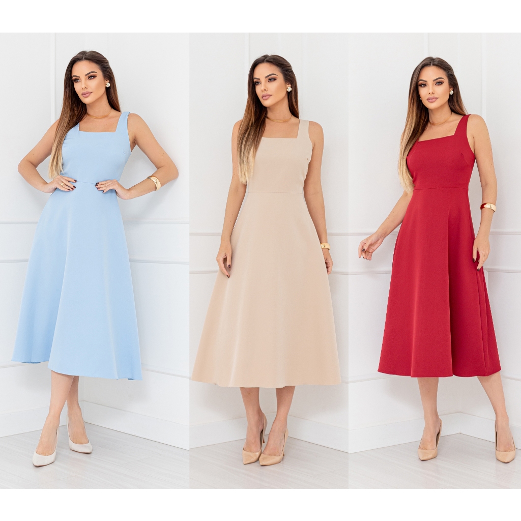 YAN FASHION Vestido Midi Feminino Alfaiataria Premium  Godê Elegante Alça Larga Decote Quadrado em Oferta na Shopee