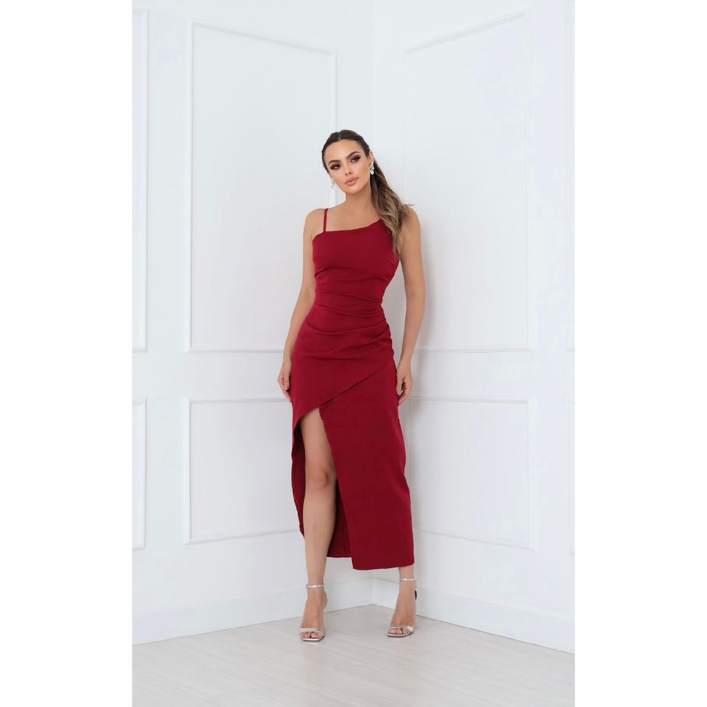 YAN FASHION | Vestido Alfaiataria Feminino Midi com fenda de Alta Costura – Alça Fina Elegante para Eventos Sofisticados em Oferta na Shopee