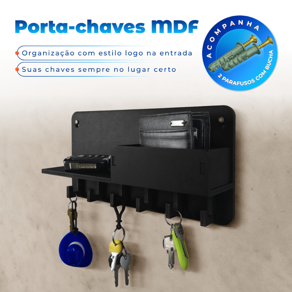 Porta Chaves Carteira Crachás Organizador em MDF de Parede com Prateleira e Ganchos em Oferta na Shopee