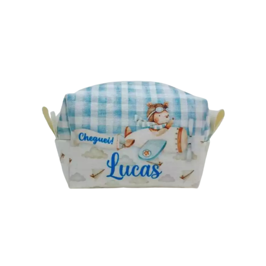 Porta Moeda Box Ursinho Aviador Aquarela Personalizado Lembrancinha de Aniversário Maternidade