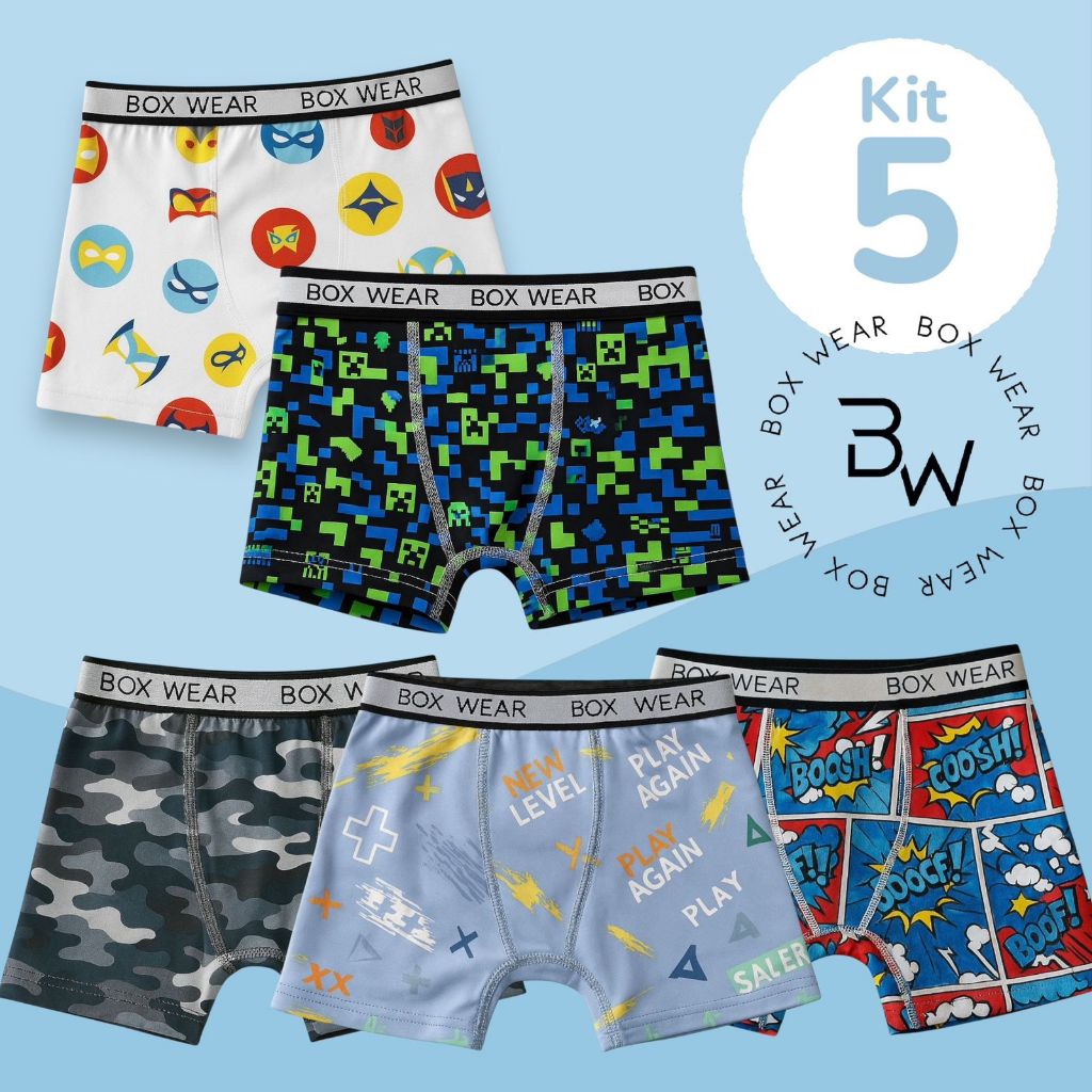 Kit Cuecas Boxer Infantil Estampadas Boxerwear Colorida Moderna