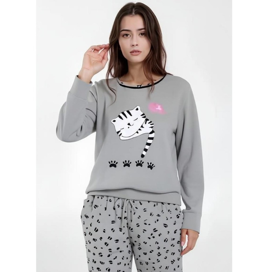 Pijama FB Feminino Gatinho Cinza Malha Premium Adulto Longo Confort Fechado Manga Comprida Inverno