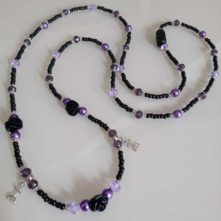 Colar de Contas Guia Pombo Gira Miçangas Preto Roxo Níquel com Firma Pomba Gira