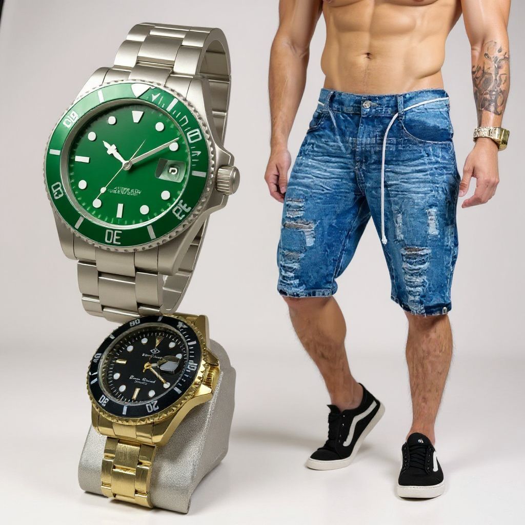 Bermuda Masculina rasgada com lycra premium slim +Relogio Masculino original bonfendi Promoção para o natal