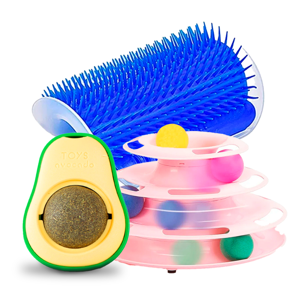Kit Com 3 brinquedos Interativos Para Gato Torre de Bolinhas + 1 Abacate Pet Lambe Lambe Catnip + 1 Escova Massageadora