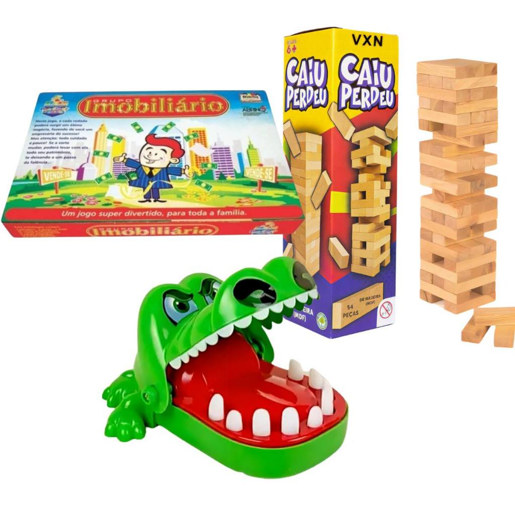 Kit Jogos Brinquedo Infantil Crocodilo Morde Dedo Caiu Perdeu Montar Didatico Banco Imobiliario NF