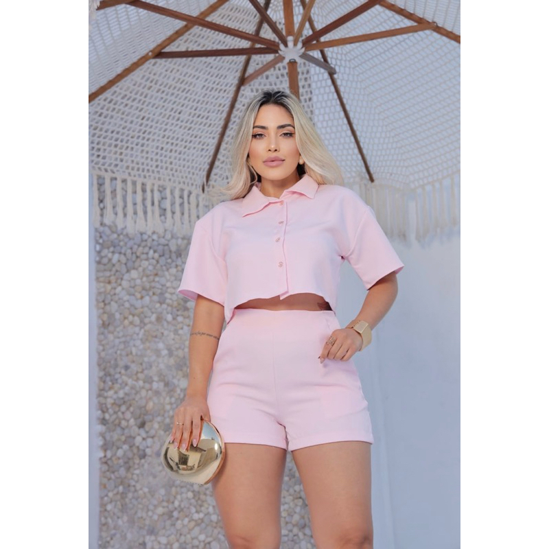 conjunto feminino short mais cropped botões moda feminina