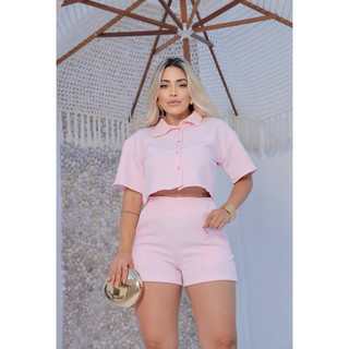 conjunto feminino short mais cropped botões moda feminina