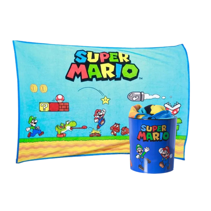 Kit Manta Com Balde Super Mario Bros Oficial Nintendo Geek Azul Super Mario