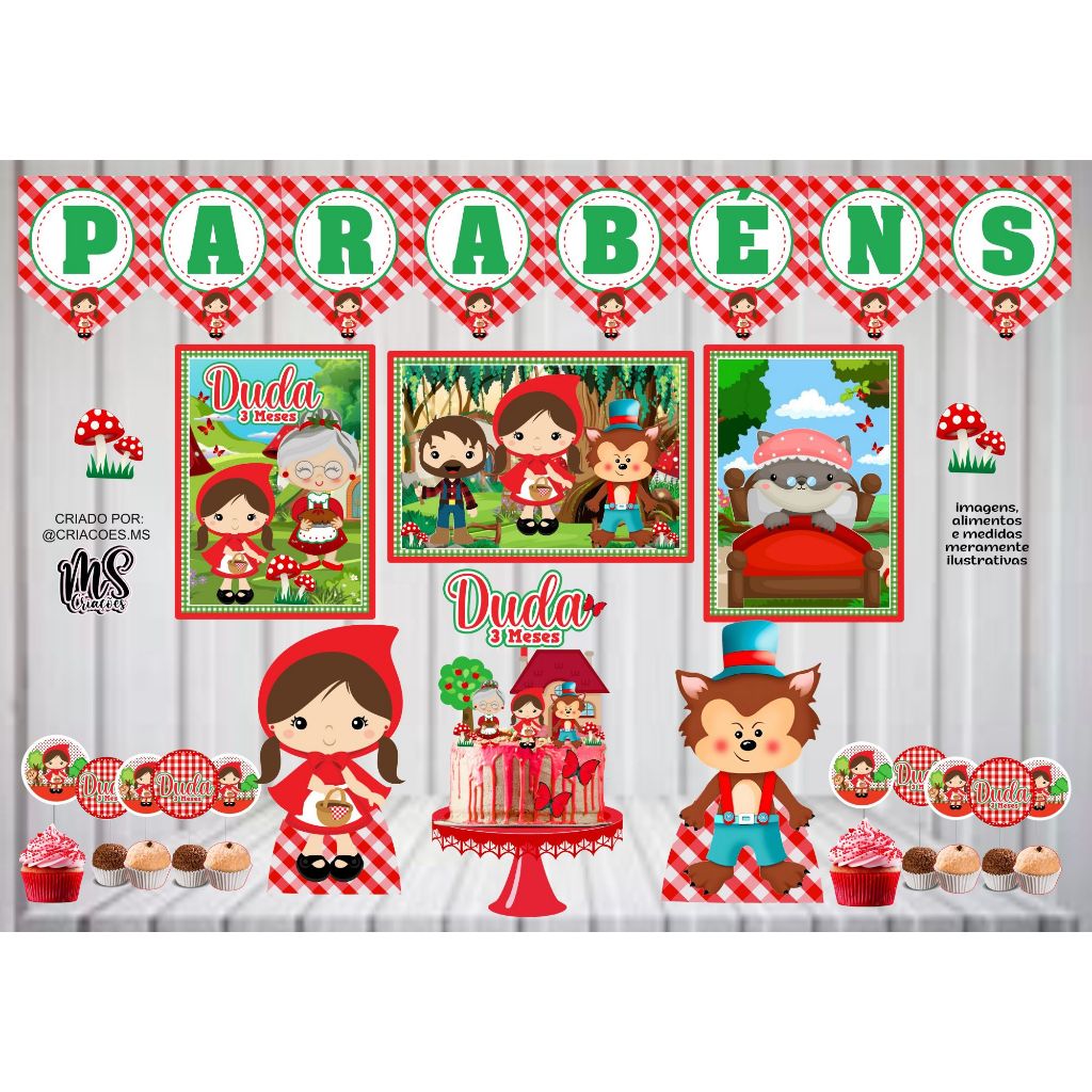 Kit Festa Chapeuzinho Vermelho É Só um Bolinho | Mesversário Aniversário |40 itens|Decoração, Escola