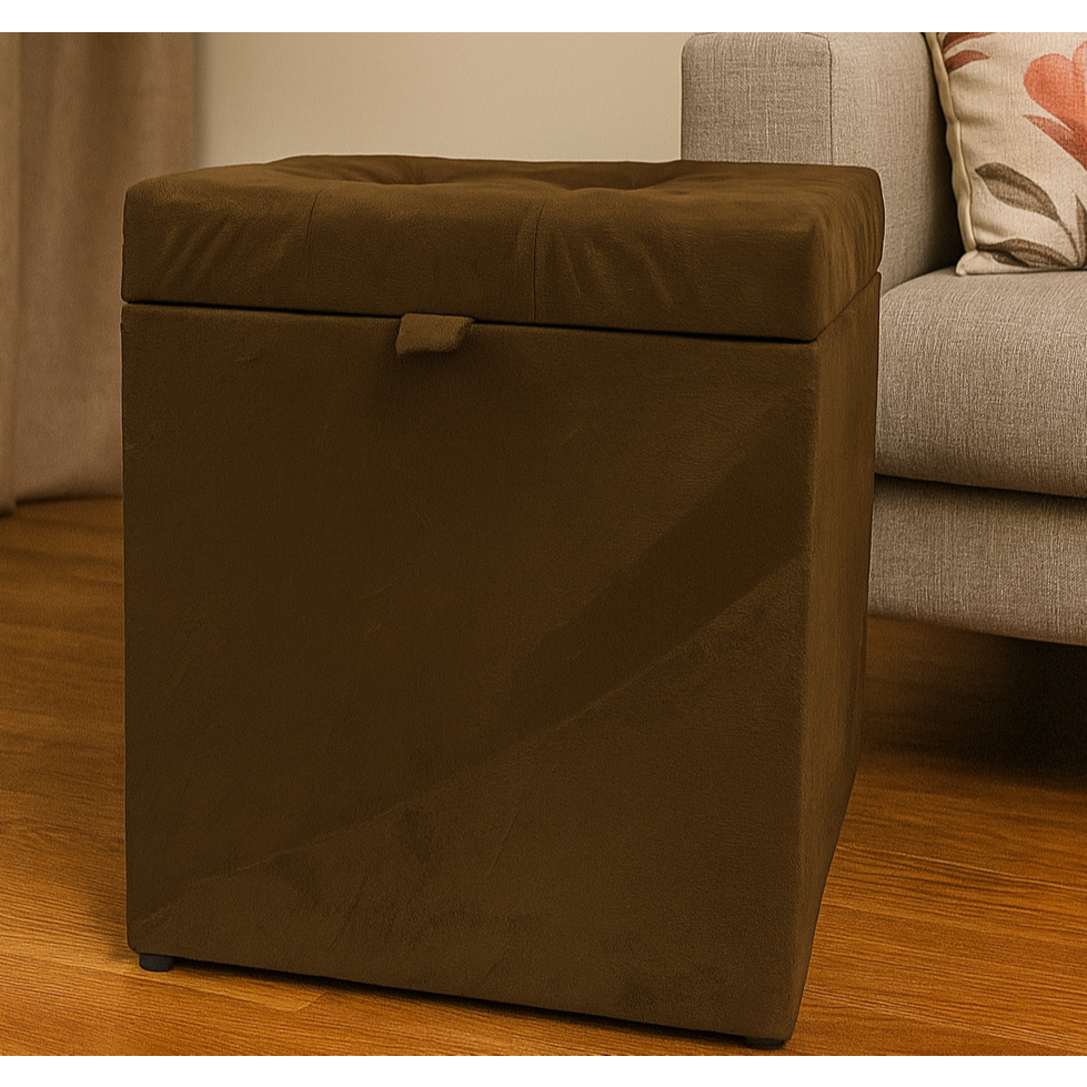 Puff Baú Estofado em Suede Decorativo Quadrado 100% MDF - Marrom