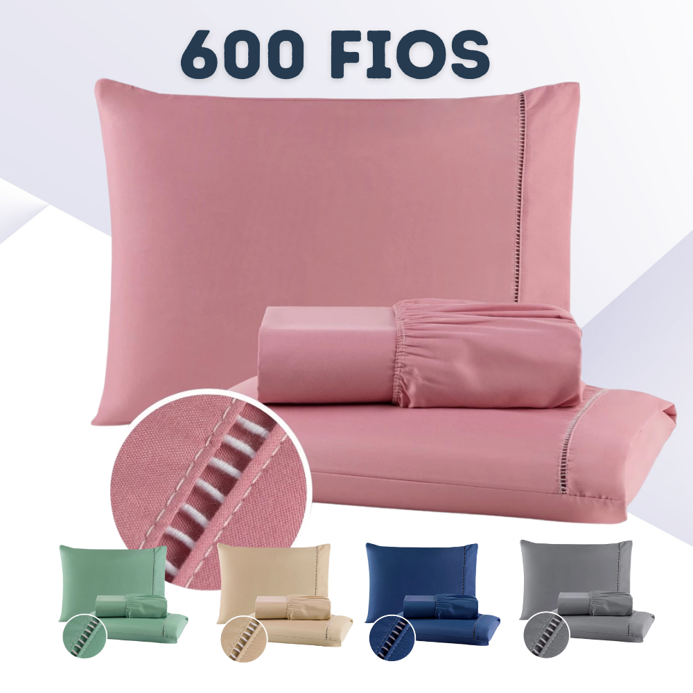 Kit Jogo de Cama 600 Fios Ponto Palito Lençol 03 Peças Cama Casal Queen Premium