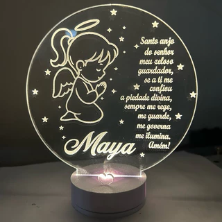 luminária Personalizada 3D Abajur a Bateria ou USB Oração Santo Anjo
