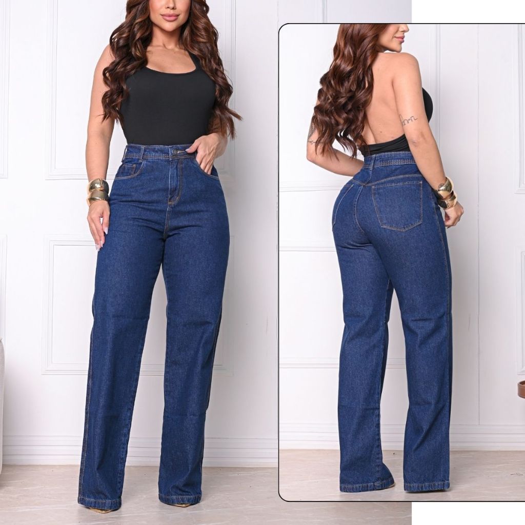 Calça Wide Leg Jeans Feminina Pantalona Cintura Alta Moda Blogueira Escura Marmorizada e Clara