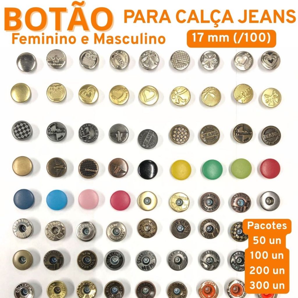 Botões para Jeans 17 mm (/100) - Nacional - Pacote com 50, 100, 200 ou 300 unidades em Oferta na Shopee