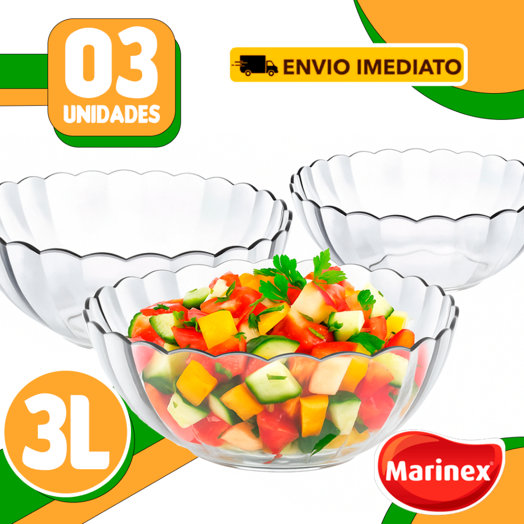 Tigela Bella de Vidro Kit com 3 unidades Marinex 3L Saladeira Oval Bowl Resistente Confeitaria Cozinha