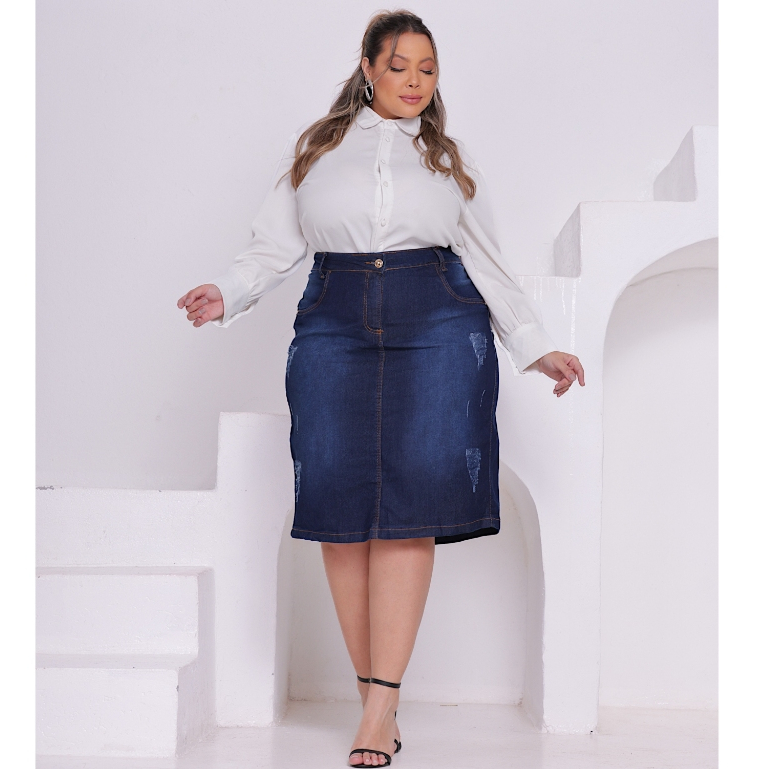 Saia Jeans Plus Size Moda Evangélica Modesta Elegante | Distraída