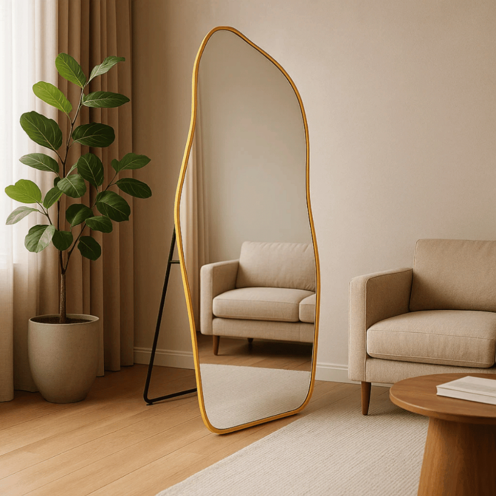 Espelho Corpo Inteiro Orgânico 170x70cm Flame Retangular Oval Base Reta Dourado Com Suporte de Chão