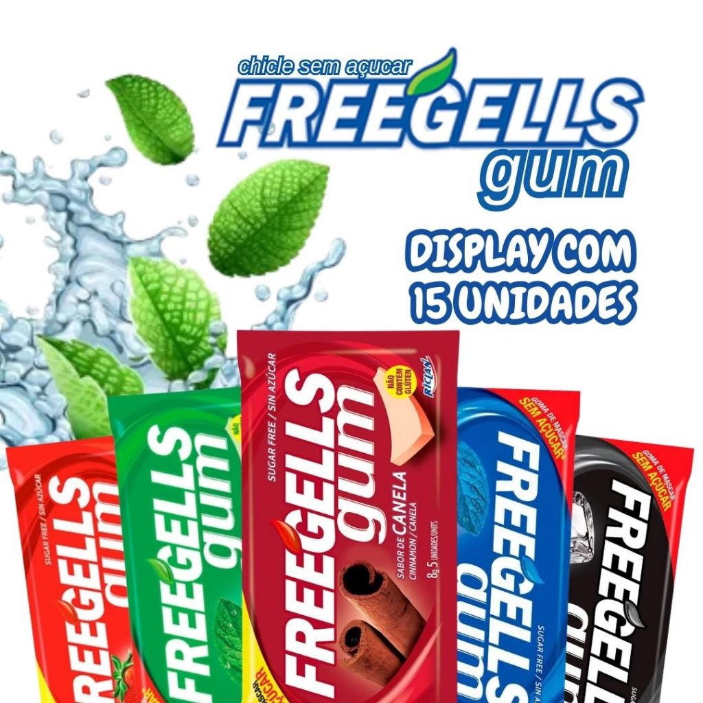Chiclete Freegells Gum Display 15 unidades – Goma de Mascar Zero Açúcar Preço de Atacado em Oferta na Shopee