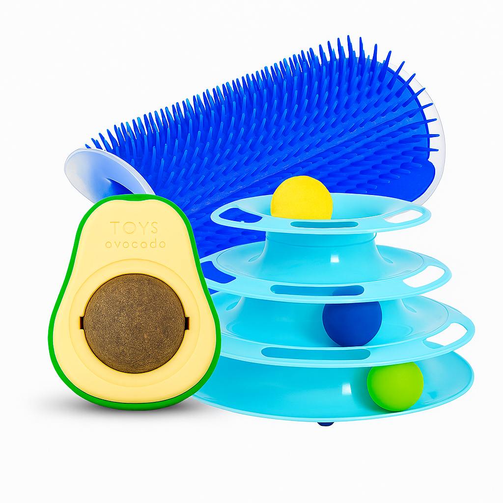 Kit Com 3 brinquedos Interativos Para Gato Torre de Bolinhas + 1 Abacate Pet Lambe Lambe Catnip + 1 Escova Massageadora